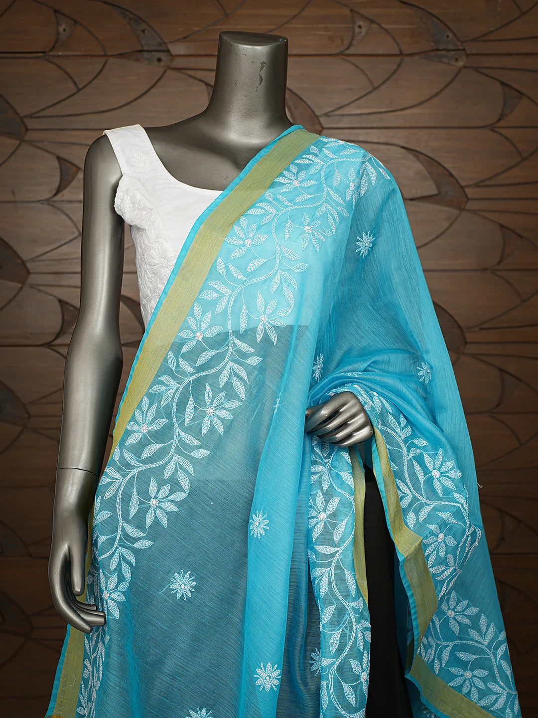 Ada Hand Embroidered Sky Blue Chanderi Lucknowi Chikankari Dupatta 01A752148