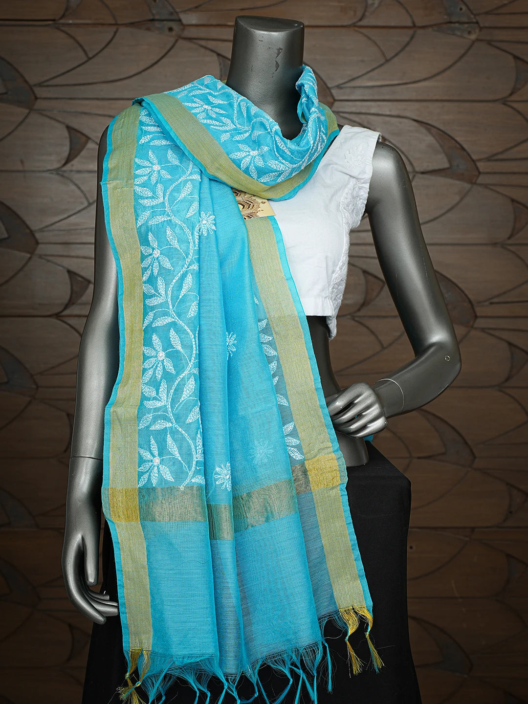 Ada Hand Embroidered Sky Blue Chanderi Lucknowi Chikankari Dupatta 01A752148