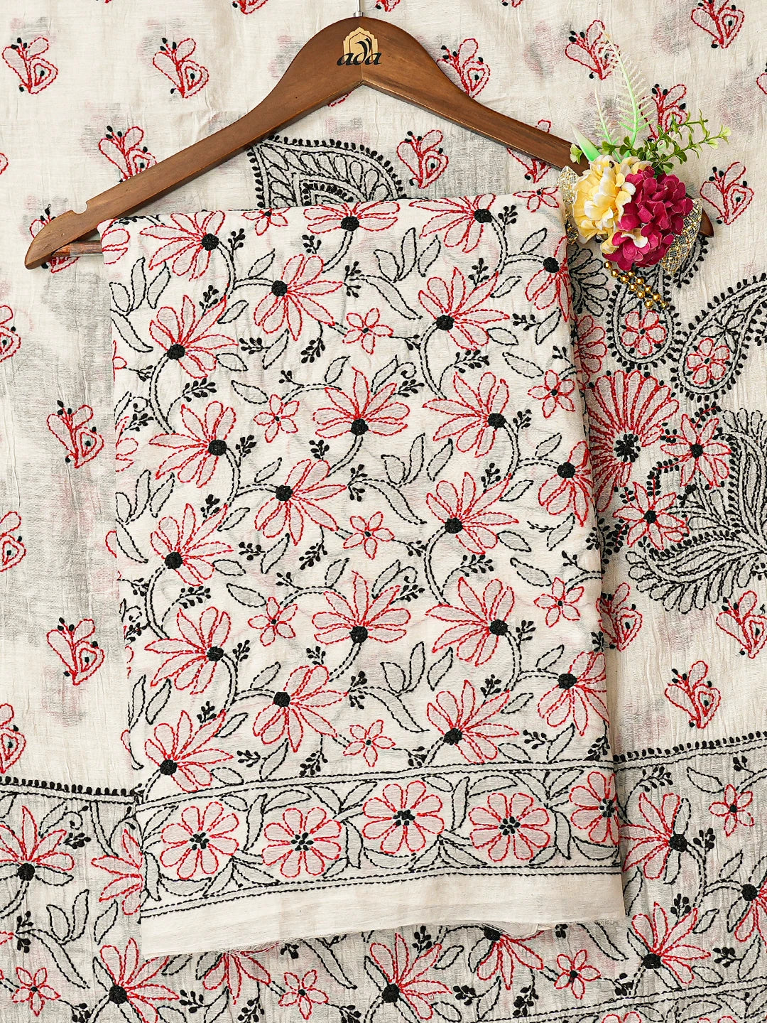 Ada Hand Embroidered Off White Chanderi Lucknowi Chikankari Unstitched Kurta Dupatta Set 01A792630