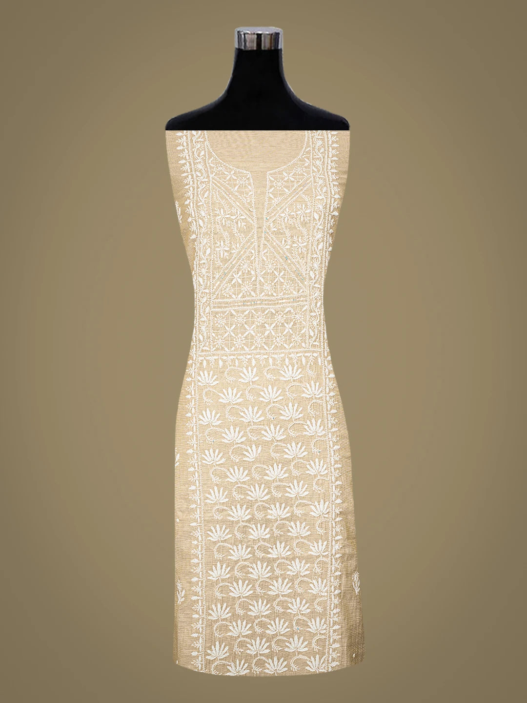 Ada Hand Embroidered Fawn Tissue Lucknowi Chikankari Unstitched Kurta Dupatta Set With Pearl Work 01A793601