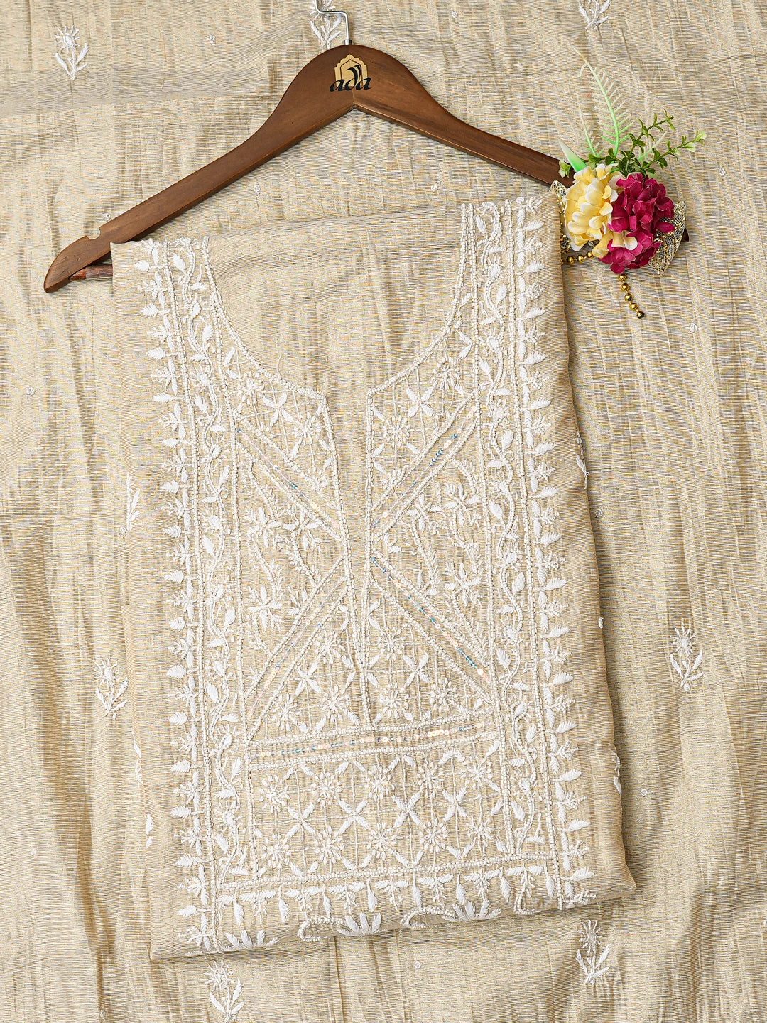 Ada Hand Embroidered Fawn Tissue Lucknowi Chikankari Unstitched Kurta Dupatta Set With Pearl Work 01A793601