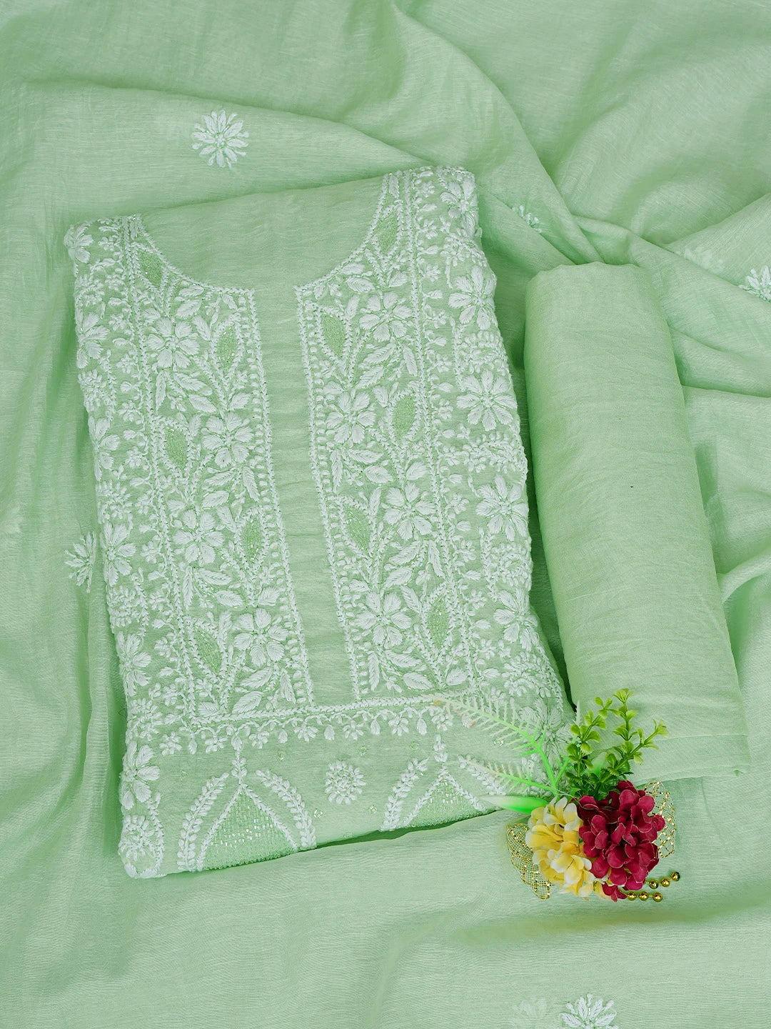 Ada Hand Embroidered Pista Green Chanderi Lucknowi Chikankari Unstitched Suit Piece With Cutdana Work 01A788772