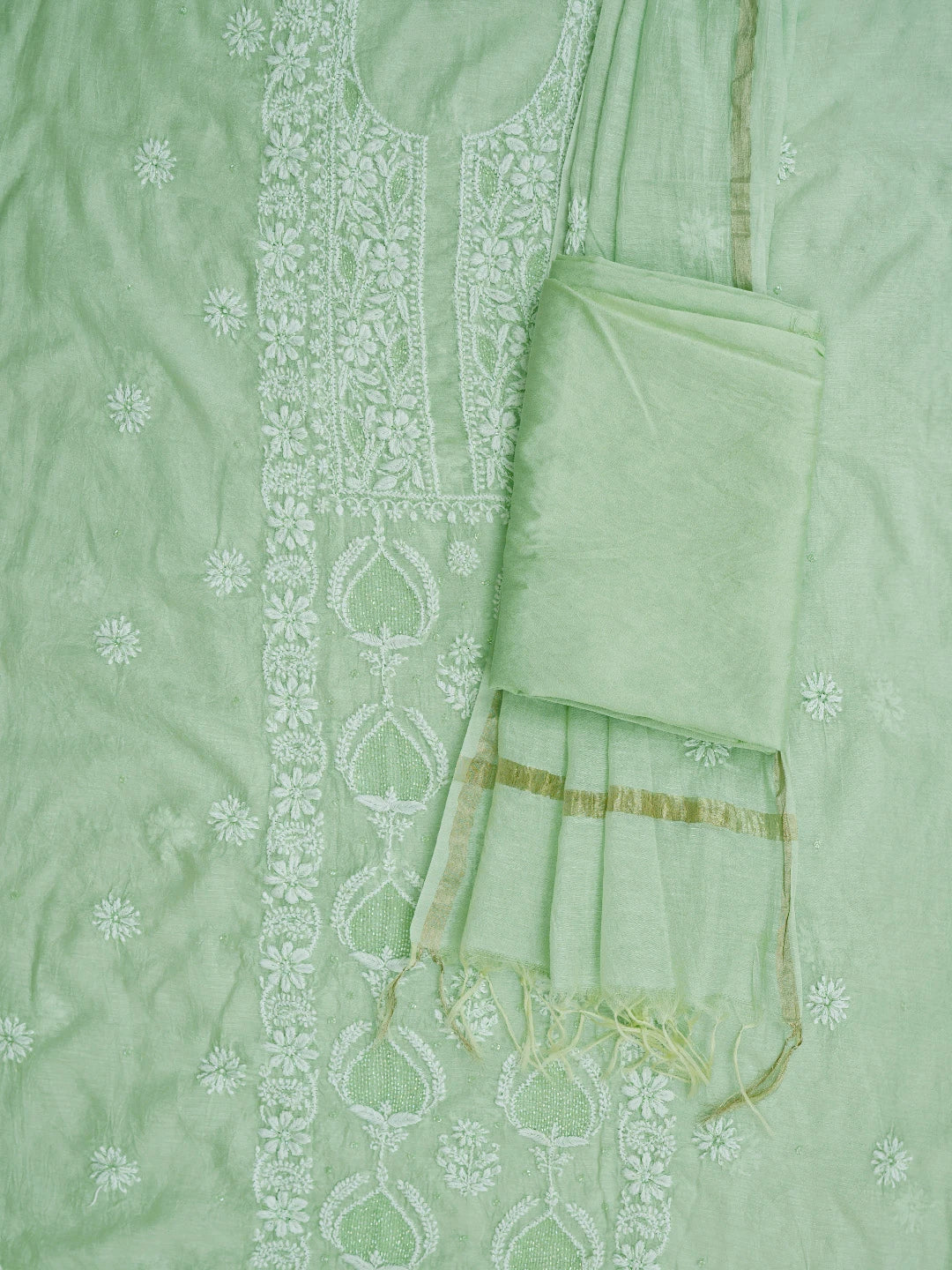 Ada Hand Embroidered Pista Green Chanderi Lucknowi Chikankari Unstitched Suit Piece With Cutdana Work 01A788772
