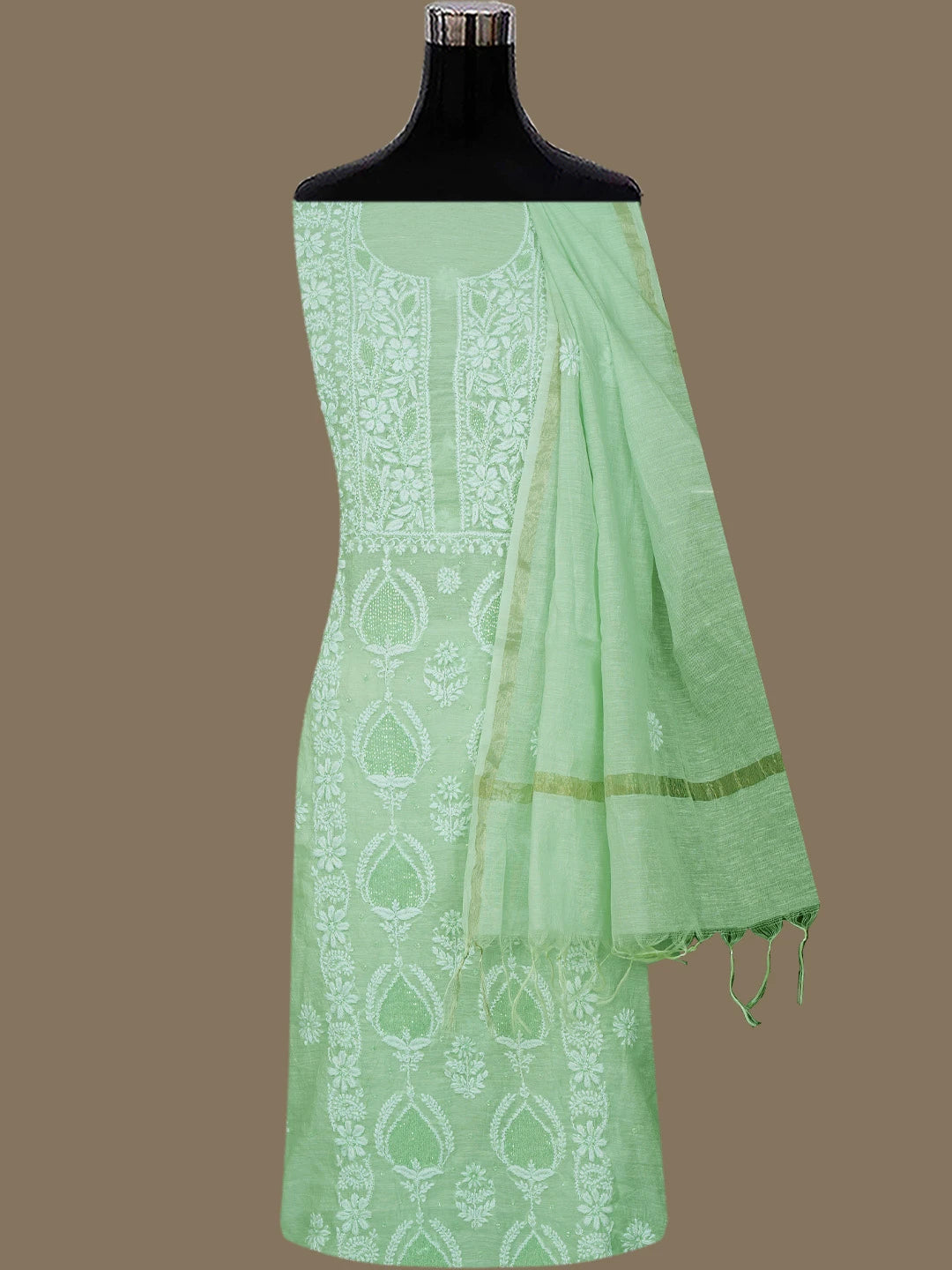 Ada Hand Embroidered Pista Green Chanderi Lucknowi Chikankari Unstitched Suit Piece With Cutdana Work 01A788772