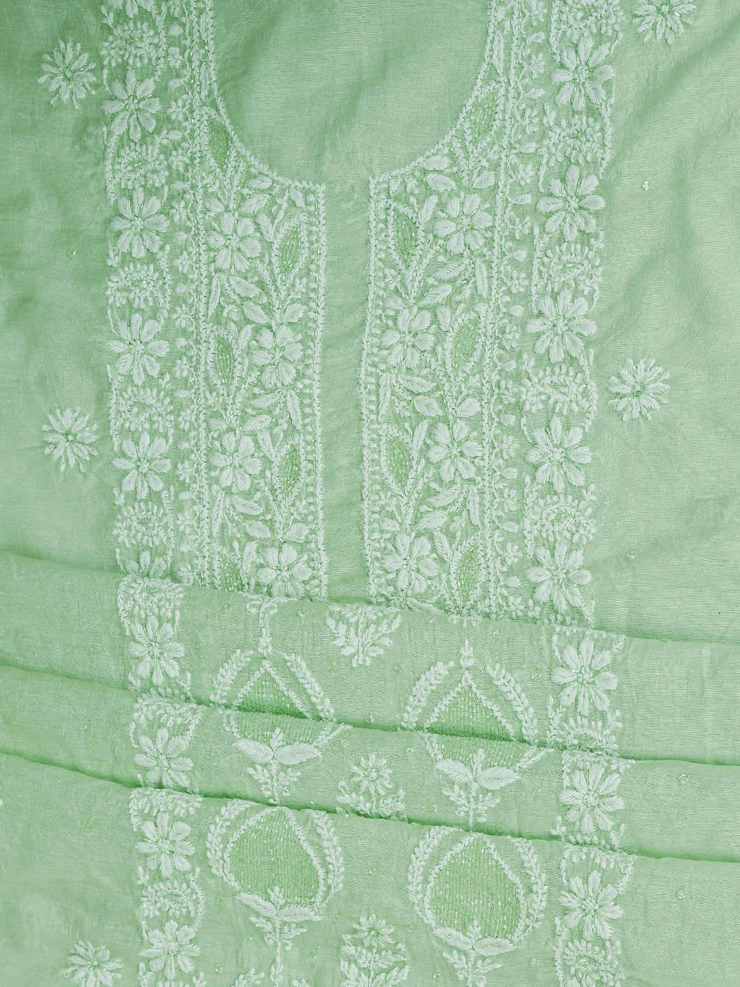 Ada Hand Embroidered Pista Green Chanderi Lucknowi Chikankari Unstitched Suit Piece With Cutdana Work 01A788772