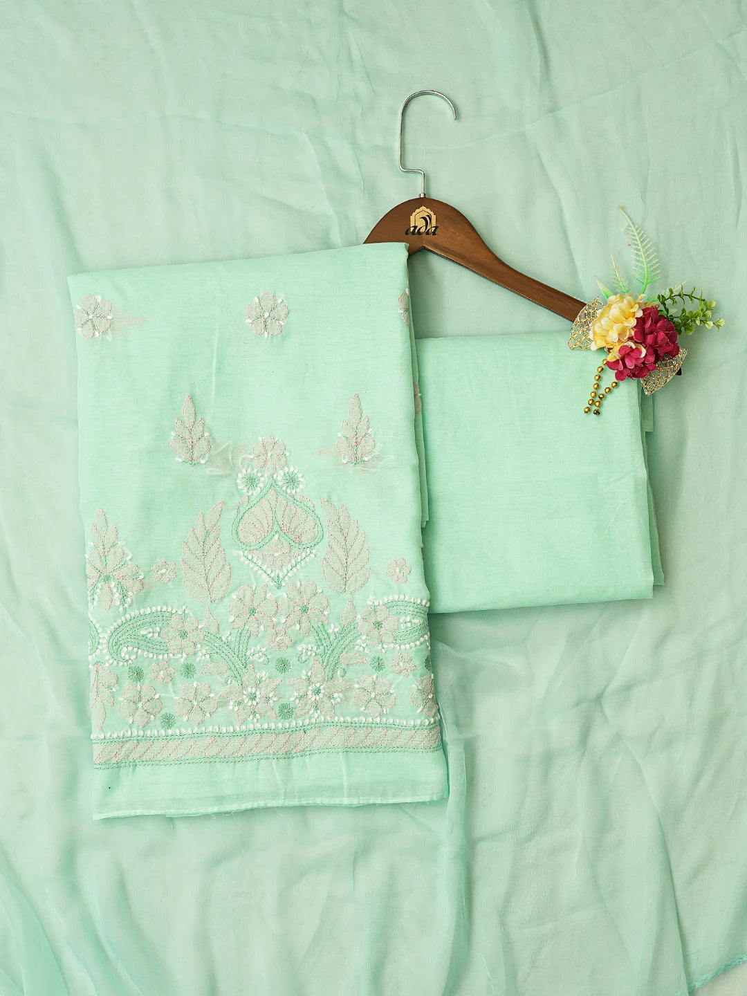 Ada Hand Embroidered Sea Green Cotton Lucknowi Chikankari Unstitched Suit Piece 01A780558