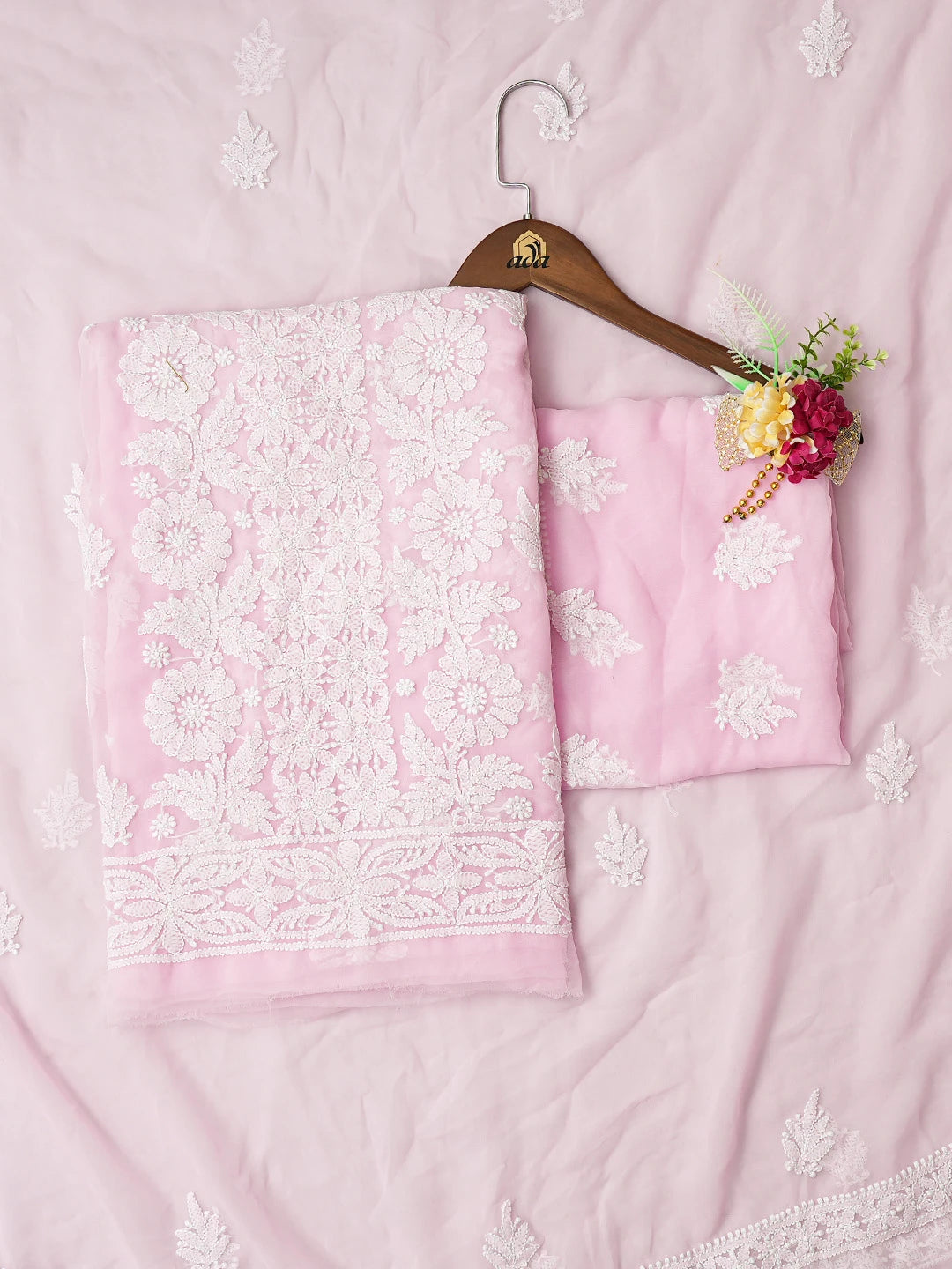Ada Hand Embroidered Pink Georgette Lucknowi Chikankari Unstitched Suit Piece 01A793512