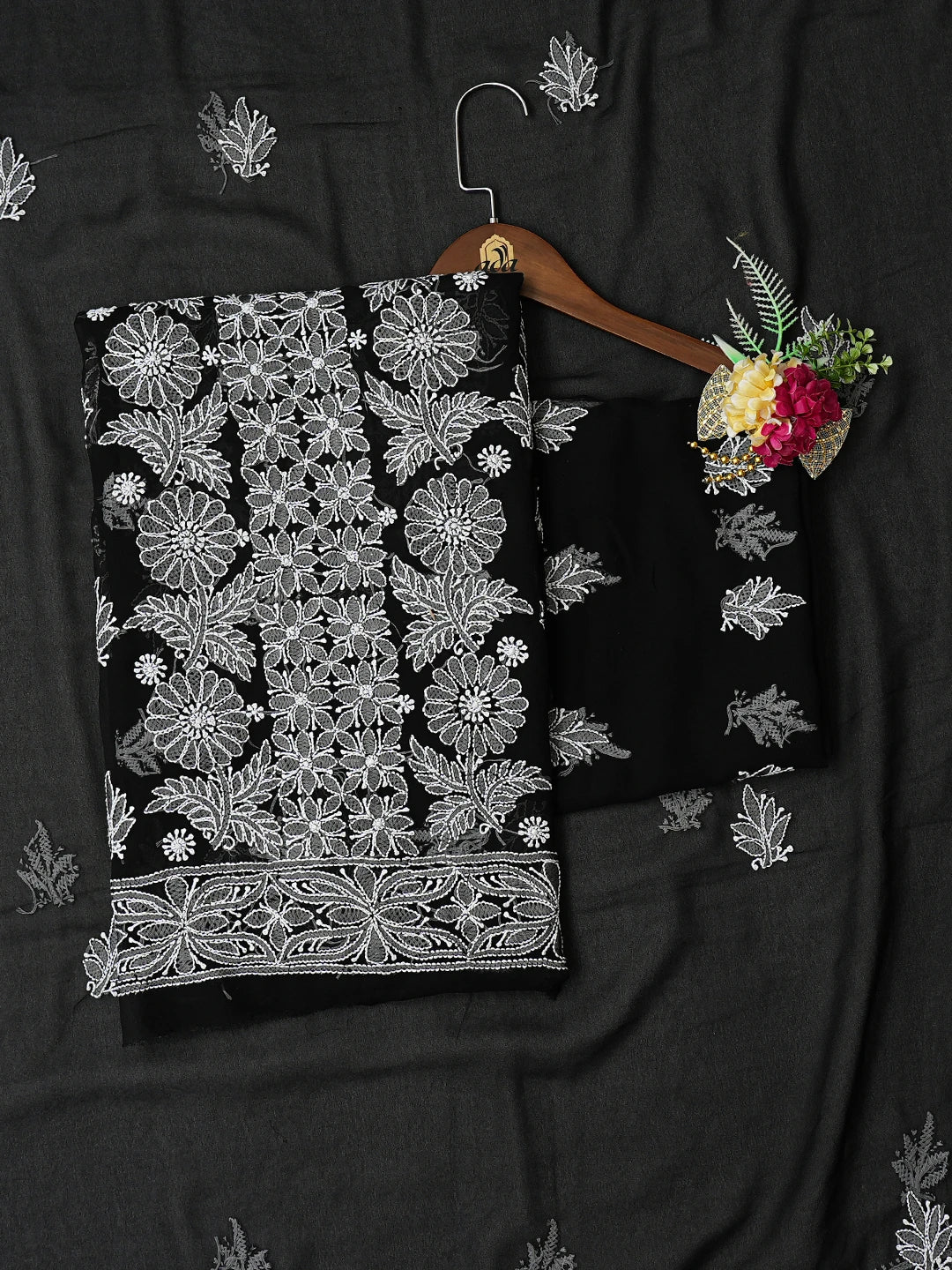 Ada Hand Embroidered Black Georgette Lucknowi Chikankari Unstitched Suit Piece 01A793434