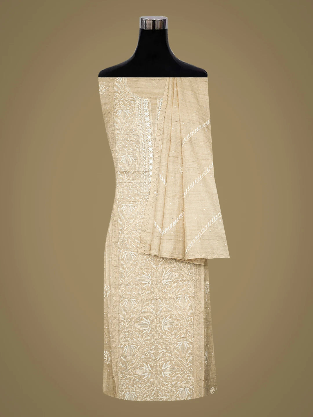 Ada Hand Embroidered Fawn Tussar Silk Lucknwi Chikankari Semi-Stitched Kurta Dupatta Set With Mirror Work 01A781847