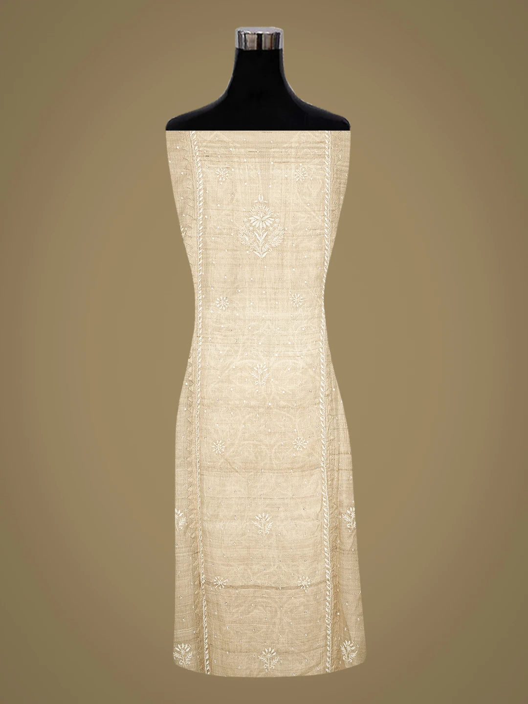 Ada Hand Embroidered Fawn Tussar Silk Lucknwi Chikankari Semi-Stitched Kurta Dupatta Set With Mirror Work 01A781847