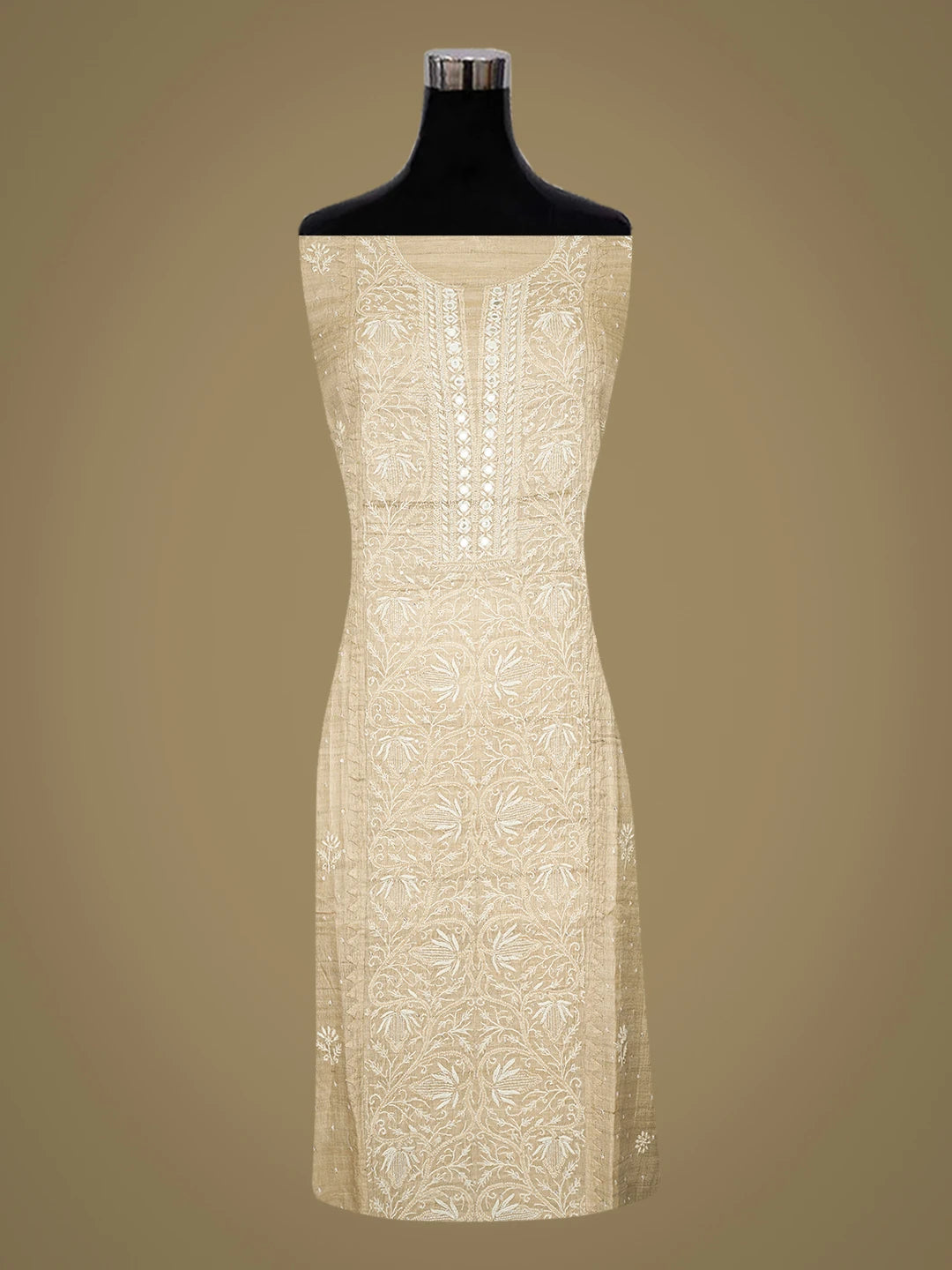 Ada Hand Embroidered Fawn Tussar Silk Lucknwi Chikankari Semi-Stitched Kurta Dupatta Set With Mirror Work 01A781847