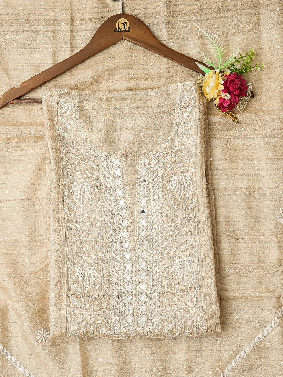 Ada Hand Embroidered Fawn Tussar Silk Lucknwi Chikankari Semi-Stitched Kurta Dupatta Set With Mirror Work 01A781847