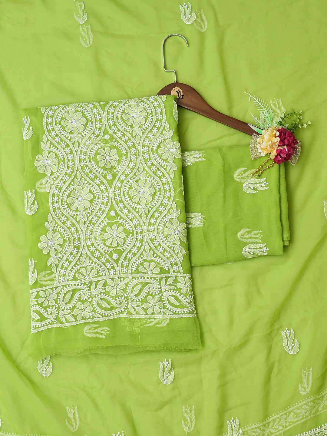 Ada Hand Embroidered Lime Green Georgette Lucknowi Chikankari Unstitched Suit Piece 01A793441