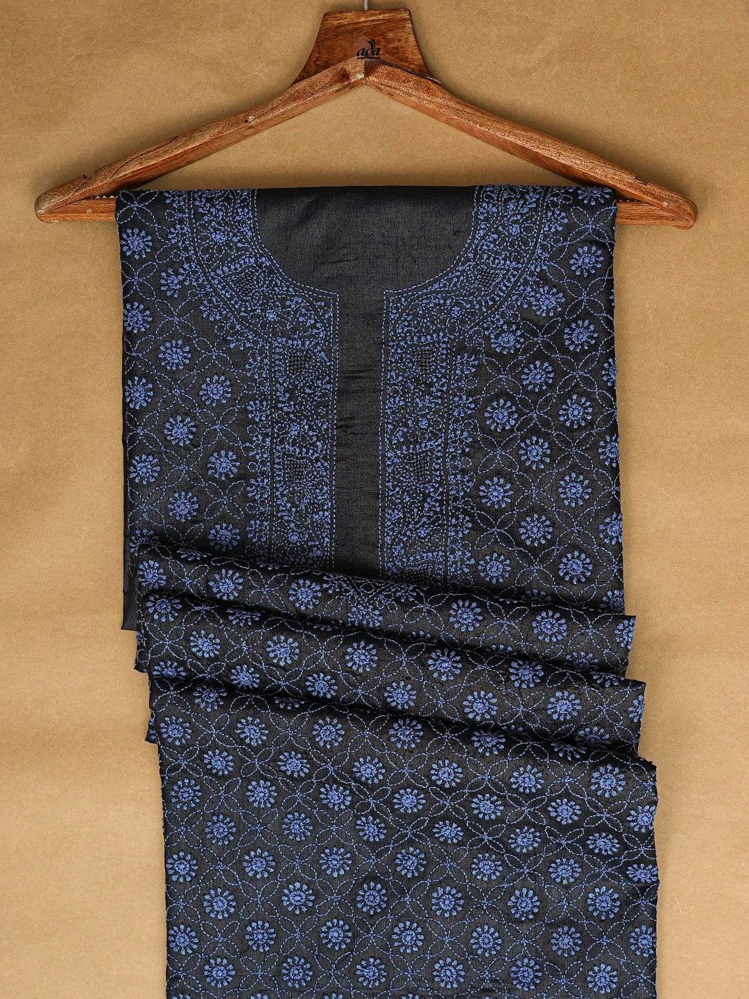 Ada Hand Embroidered Black Silk Lucknowi Chikankari Unstitched Men's Kurta Piece 01A795216