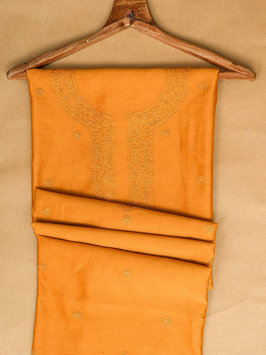 Ada Hand Embroidered Mustard Chanderi Lucknowi Chikankari Unstitched Men's Kurta Piece 01A795356