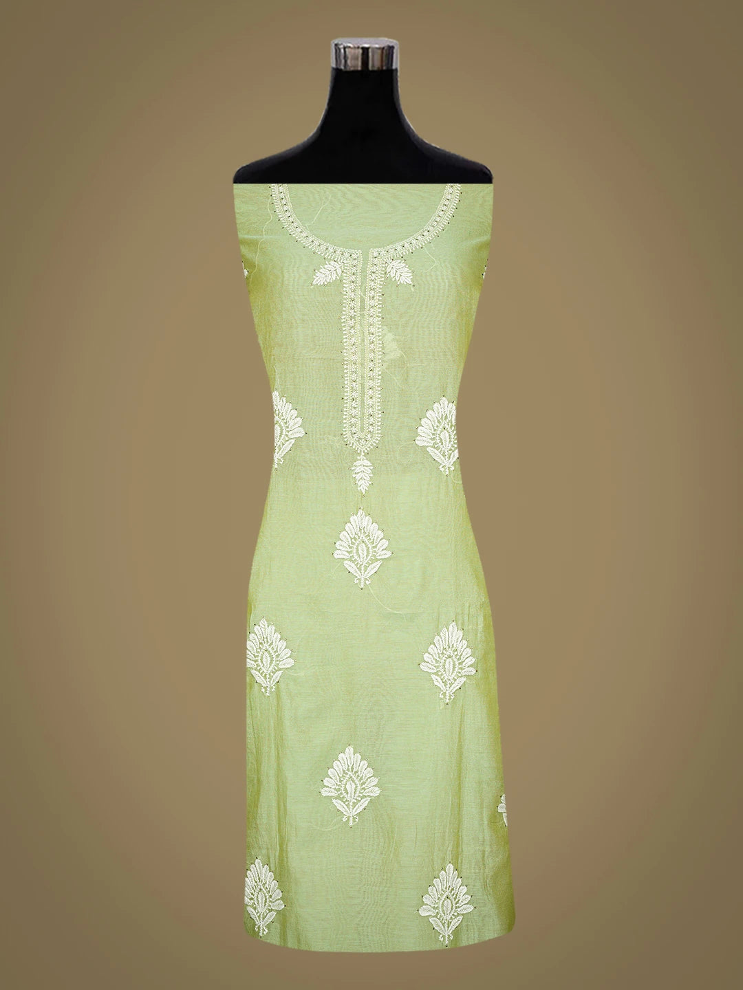 Ada Hand Embroidered Green Chanderi Lucknowi Chikankari Unstitched Kurta Piece 01A535132