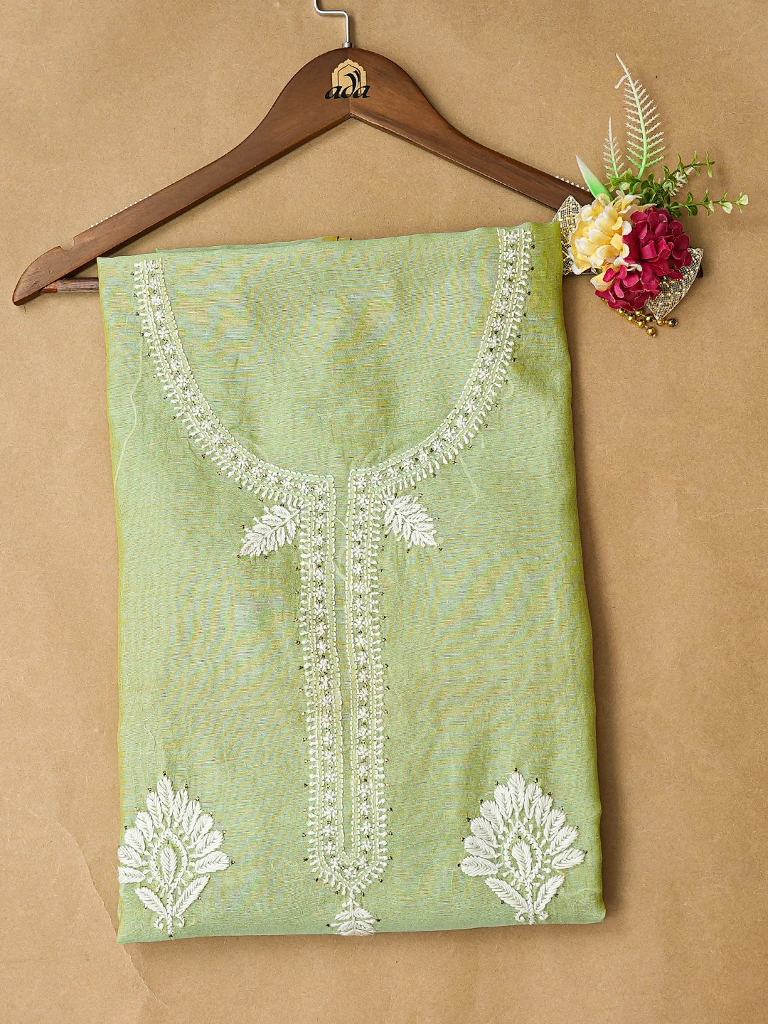 Ada Hand Embroidered Green Chanderi Lucknowi Chikankari Unstitched Kurta Piece 01A535132