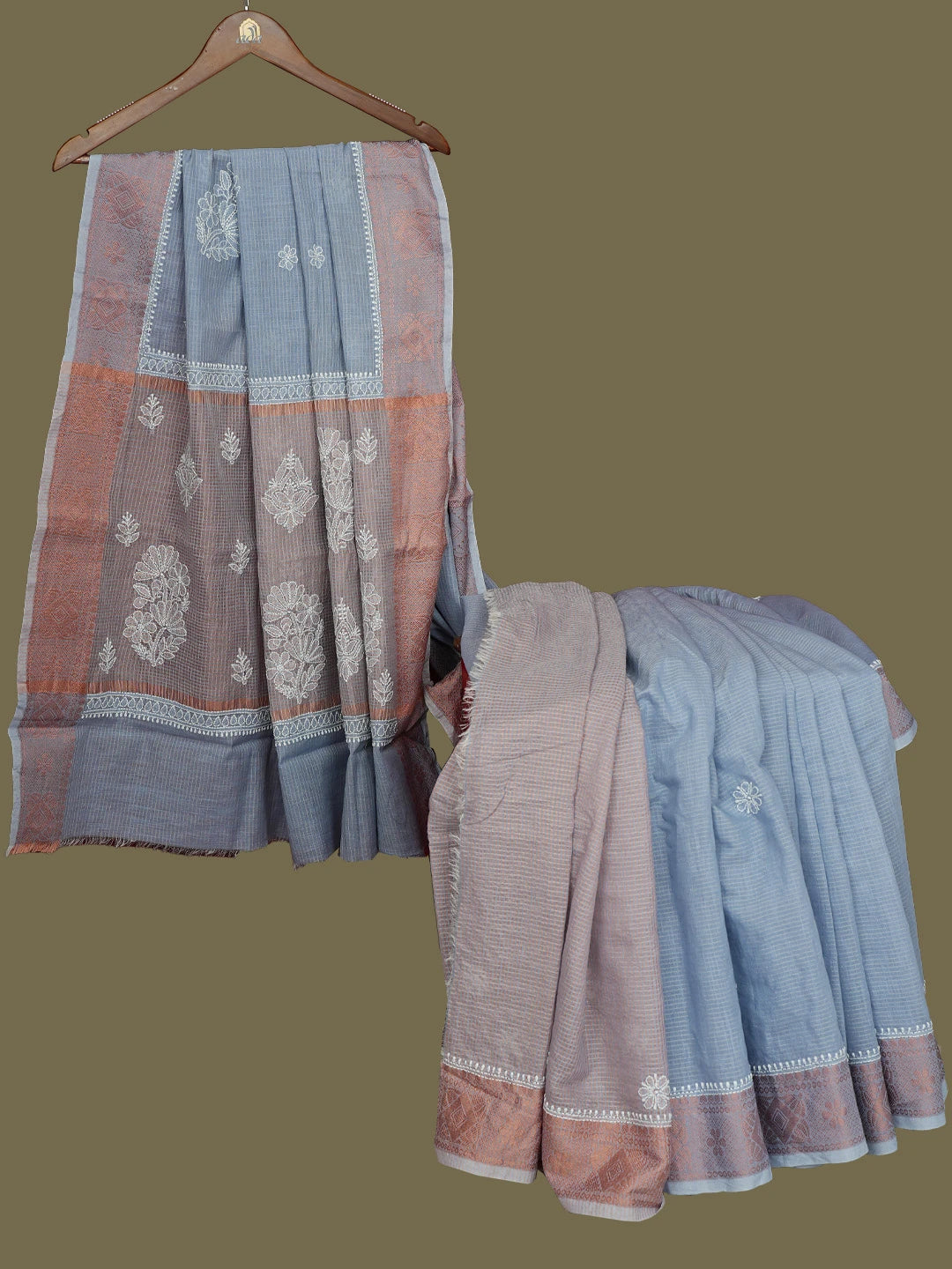Ada Hand Embroidered Grey Chanderi Lucknowi Chikankari Saree With Blouse 01A776319