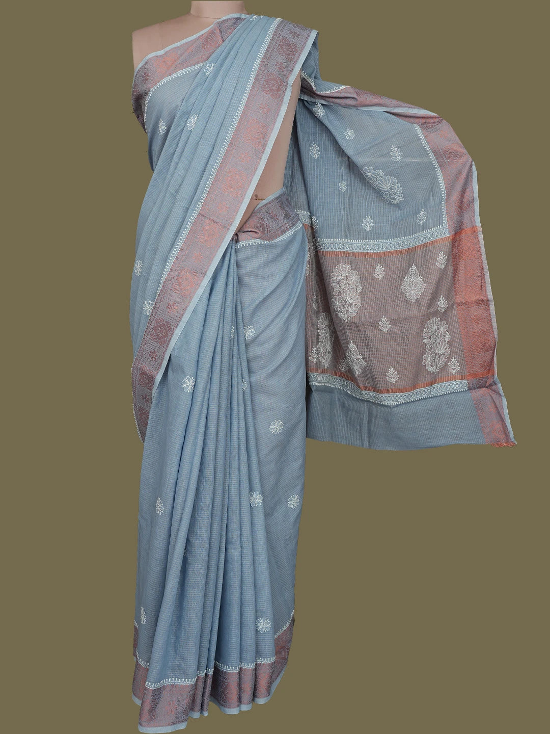 Ada Hand Embroidered Grey Chanderi Lucknowi Chikankari Saree With Blouse 01A776319