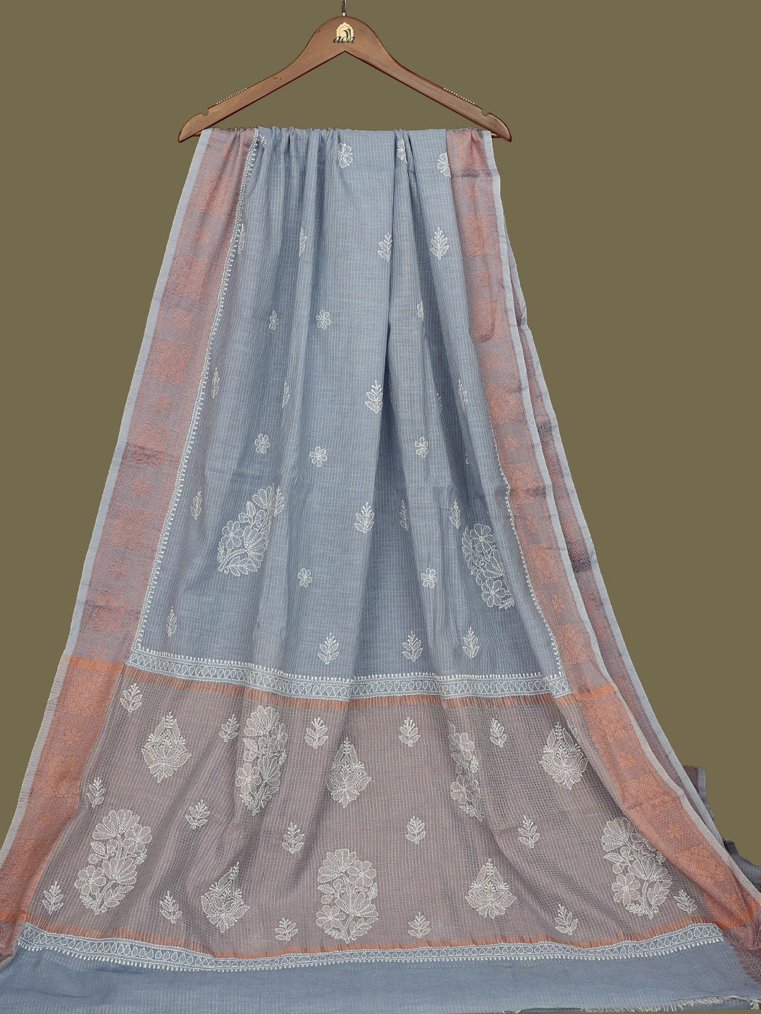 Ada Hand Embroidered Grey Chanderi Lucknowi Chikankari Saree With Blouse 01A776319