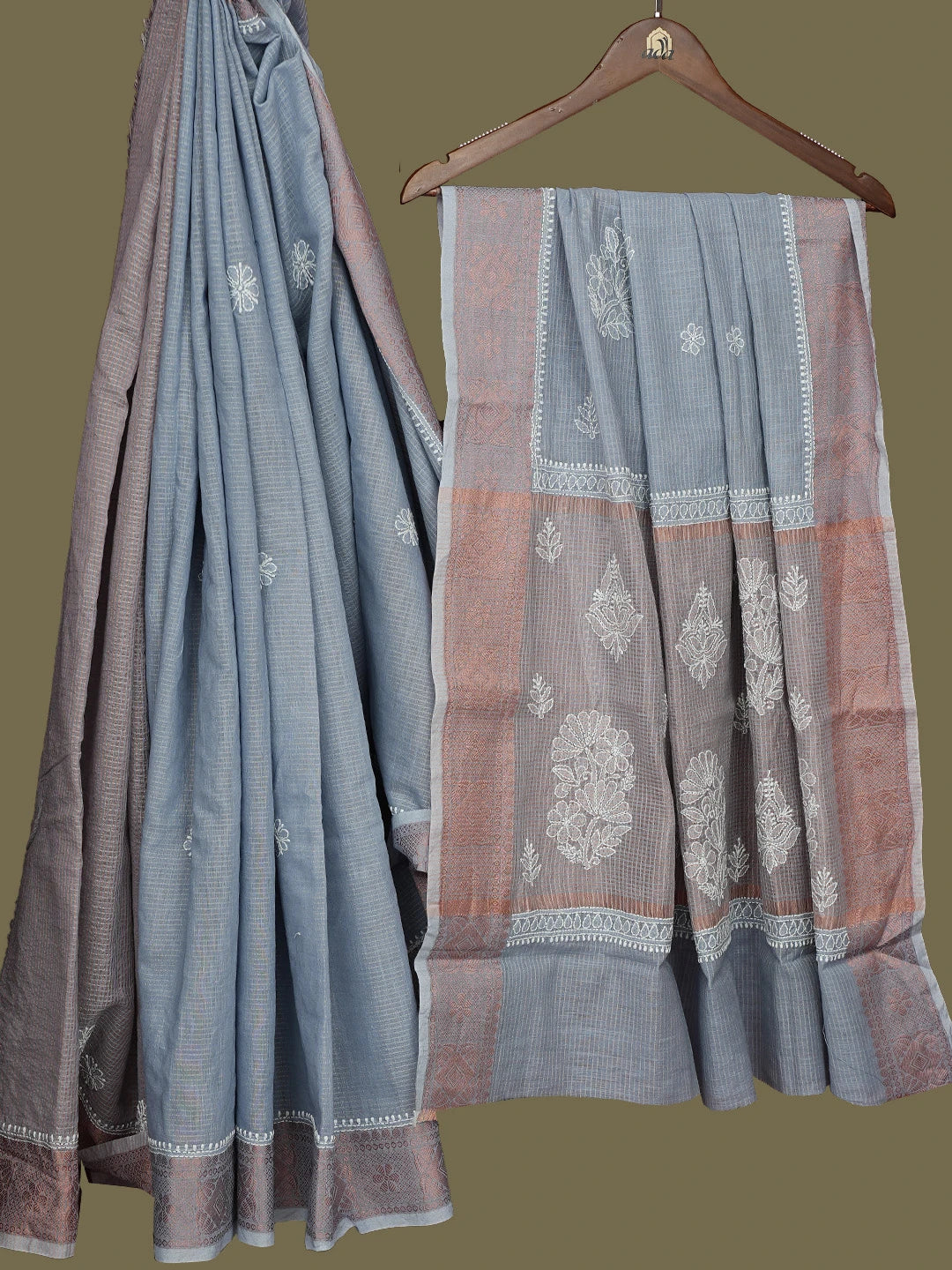 Ada Hand Embroidered Grey Chanderi Lucknowi Chikankari Saree With Blouse 01A776319