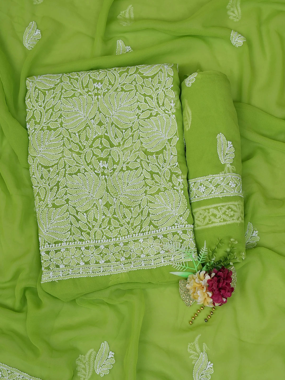 Ada Hand Embroidered Green Georgette Lucknowi Chikankari Unstitched Suit Piece 01A793444