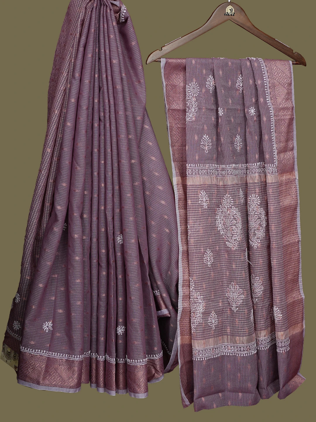 Ada Hand Embroidered Purple Chanderi Lucknowi Chikankari Saree With Blouse 01A776502