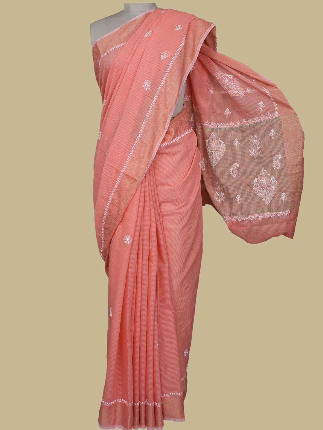 Ada Hand Embroidered Peach Chanderi Lucknowi Chikankari Saree With Blouse 01A776748