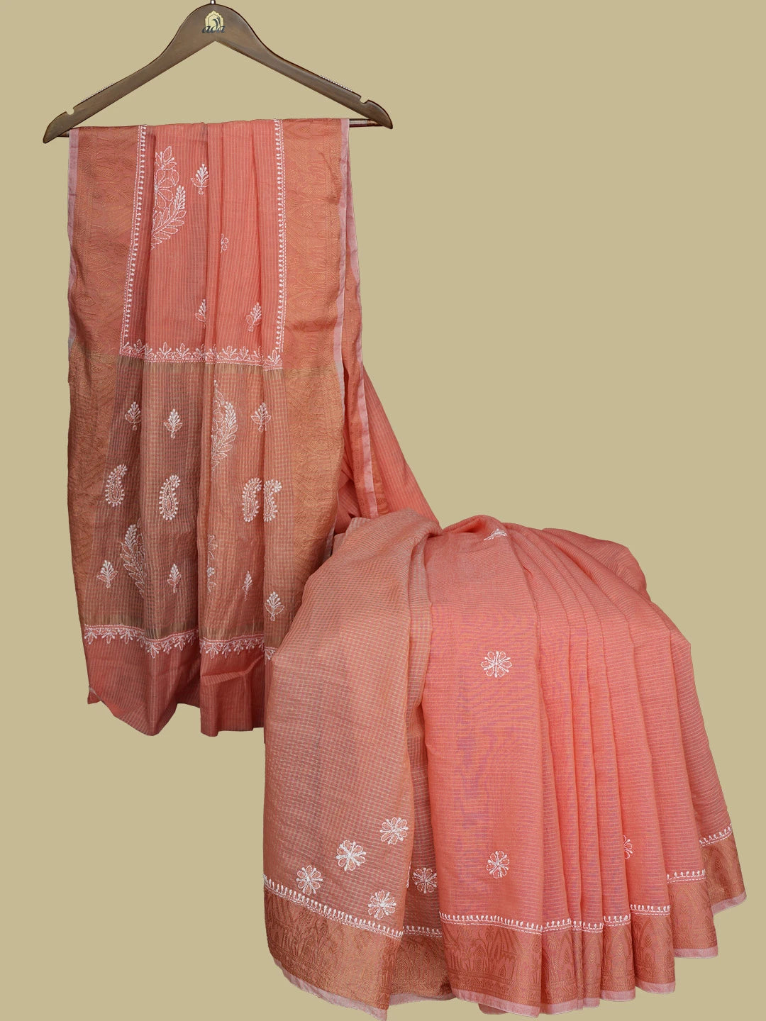 Ada Hand Embroidered Peach Chanderi Lucknowi Chikankari Saree With Blouse 01A776748