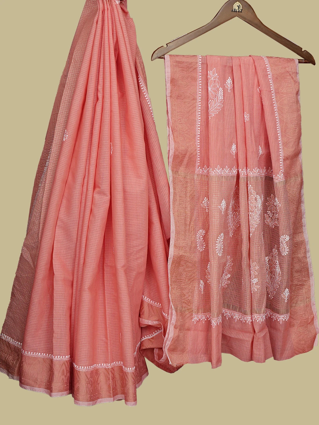 Ada Hand Embroidered Peach Chanderi Lucknowi Chikankari Saree With Blouse 01A776748