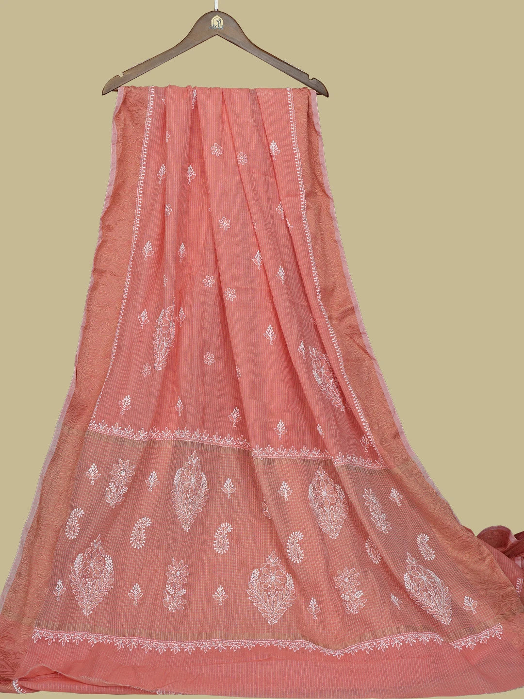 Ada Hand Embroidered Peach Chanderi Lucknowi Chikankari Saree With Blouse 01A776748
