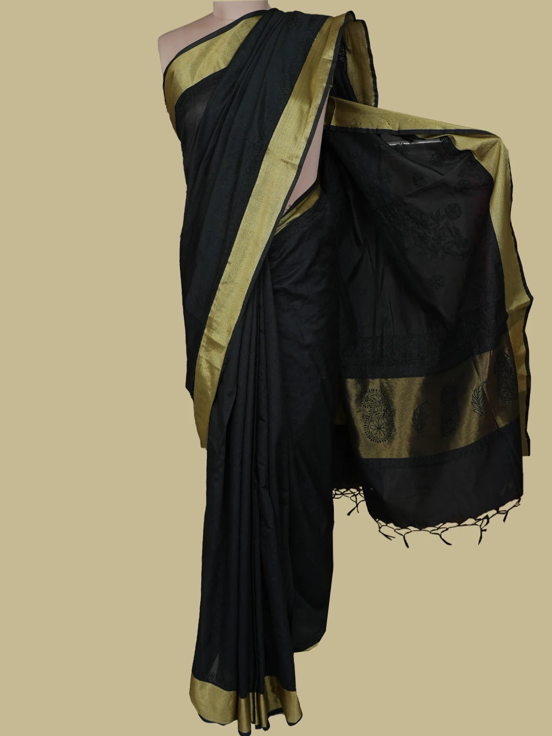 Ada Hand Embroidered Black Chanderi Lucknowi Chikankari Saree With Blouse 01A780608