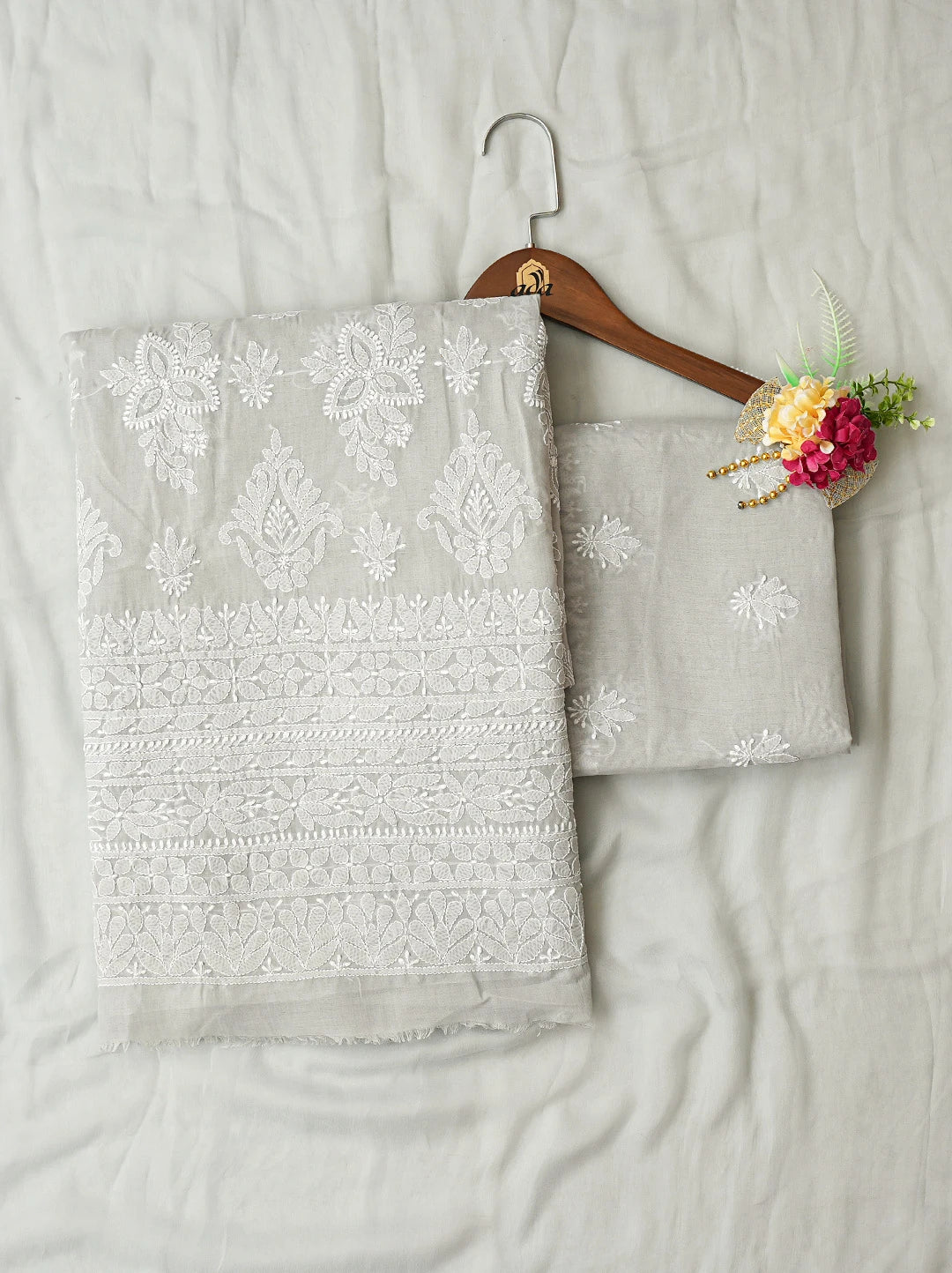 Ada Hand Embroidered Grey Cotton Lucknowi Chikankari Unstitched Suit Piece 01A777811