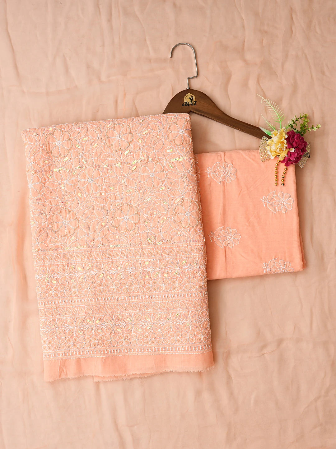 Ada Hand Embroidered Peach Cotton Lucknowi Chikankari Unstitched Suit Piece With Cutdana Work 01A791878
