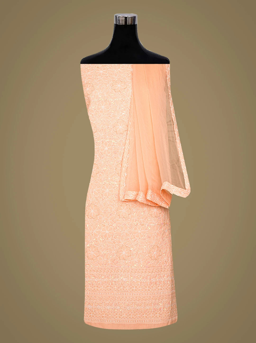 Ada Hand Embroidered Peach Cotton Lucknowi Chikankari Unstitched Suit Piece With Cutdana Work 01A791878