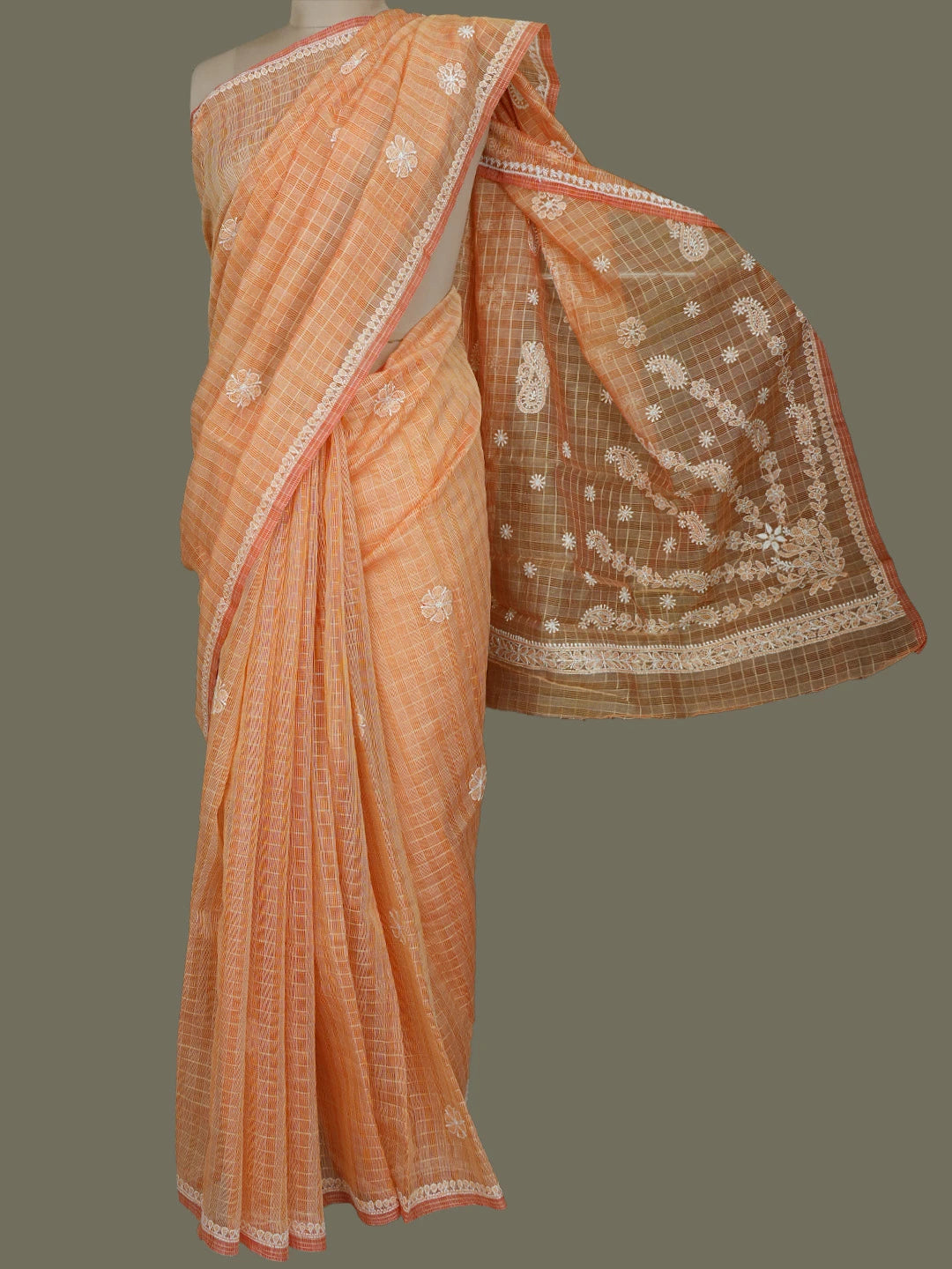 Ada Hand Embroidered Orange Chanderi Lucknowi Chikankari Saree With Blouse 01A777320