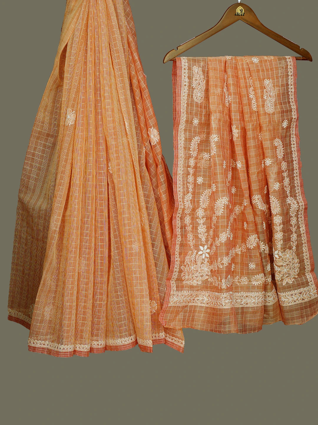 Ada Hand Embroidered Orange Chanderi Lucknowi Chikankari Saree With Blouse 01A777320