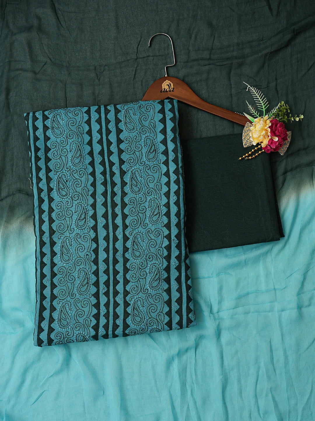 Ada Hand Embroidered Teal Blue Cotton Lucknowi Chikankari Unstitched Suit Piece 01A487501