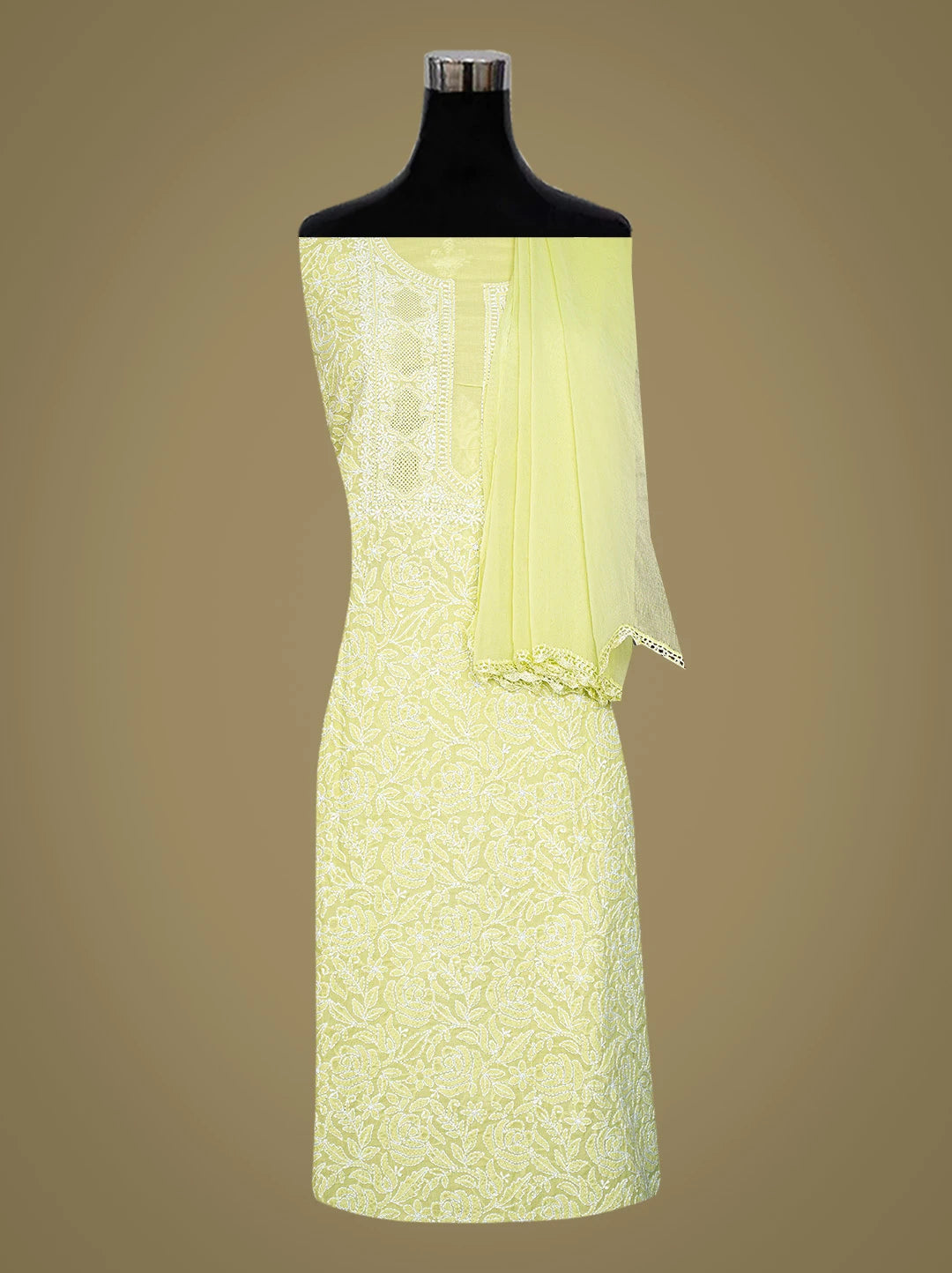 Ada Hand Embroidered Green Cotton Lucknowi Chikankari Unstitched Suit Piece 01A783095