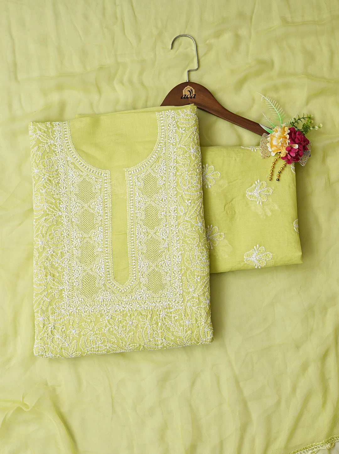 Ada Hand Embroidered Green Cotton Lucknowi Chikankari Unstitched Suit Piece 01A783095