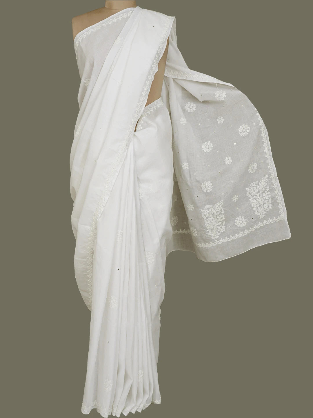 Ada Hand Embroidered White Cotton Lucknowi Chikankari Saree With Blouse With Mirror Work 01A541746