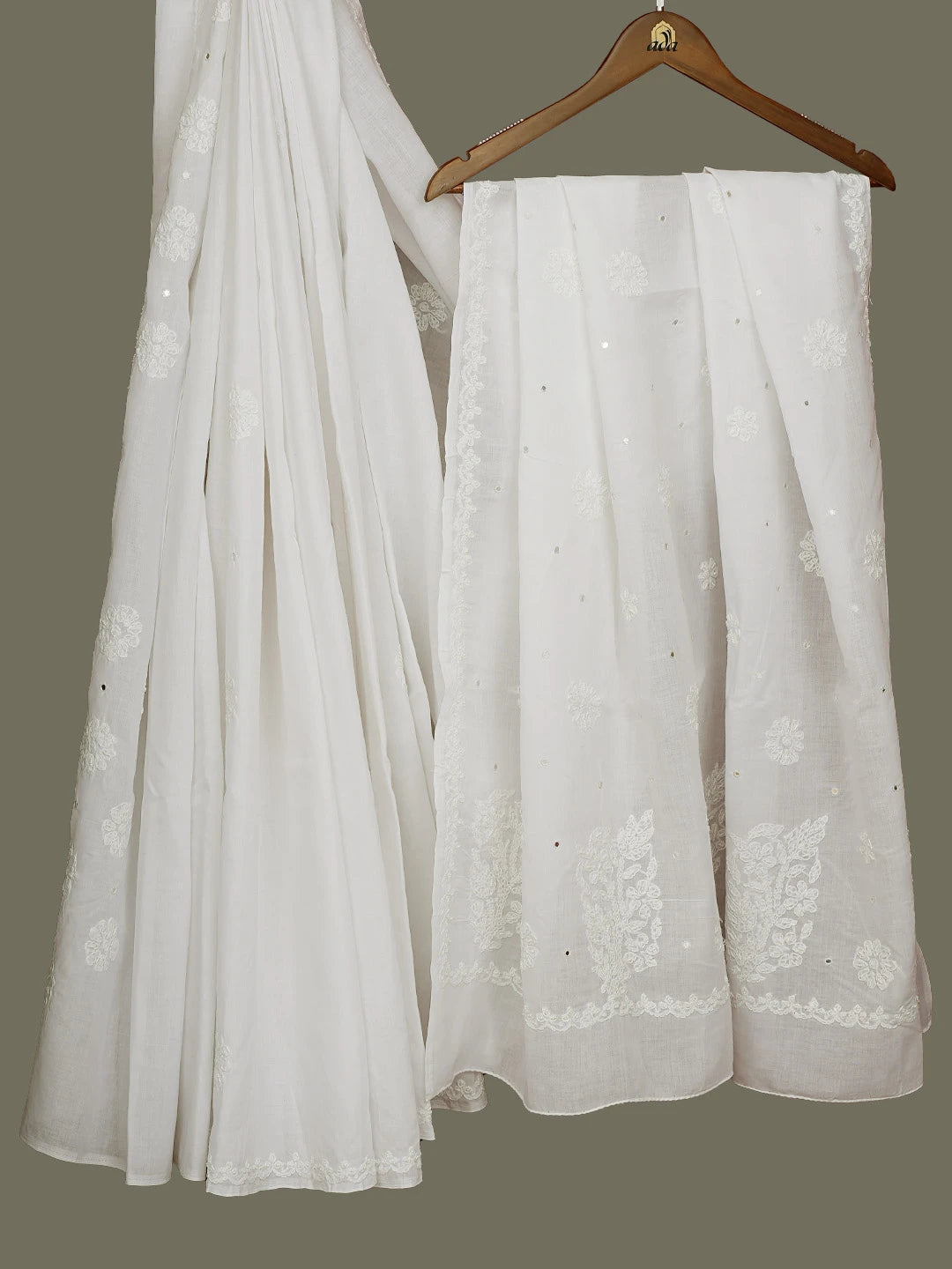 Ada Hand Embroidered White Cotton Lucknowi Chikankari Saree With Blouse With Mirror Work 01A541746