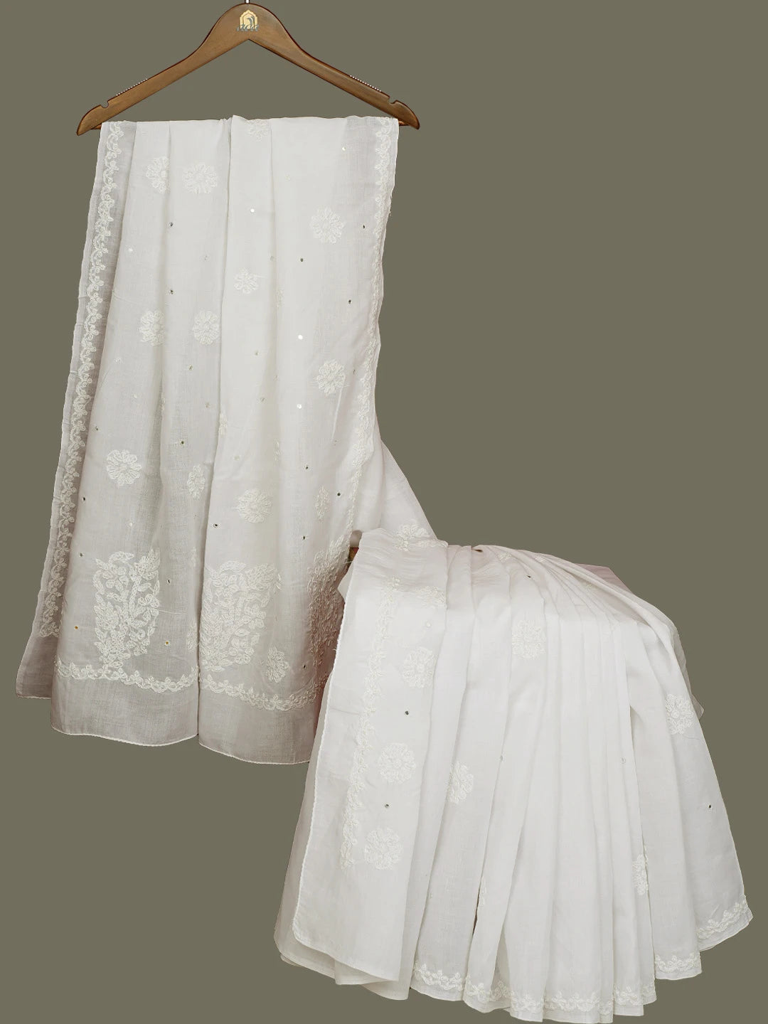 Ada Hand Embroidered White Cotton Lucknowi Chikankari Saree With Blouse With Mirror Work 01A541746