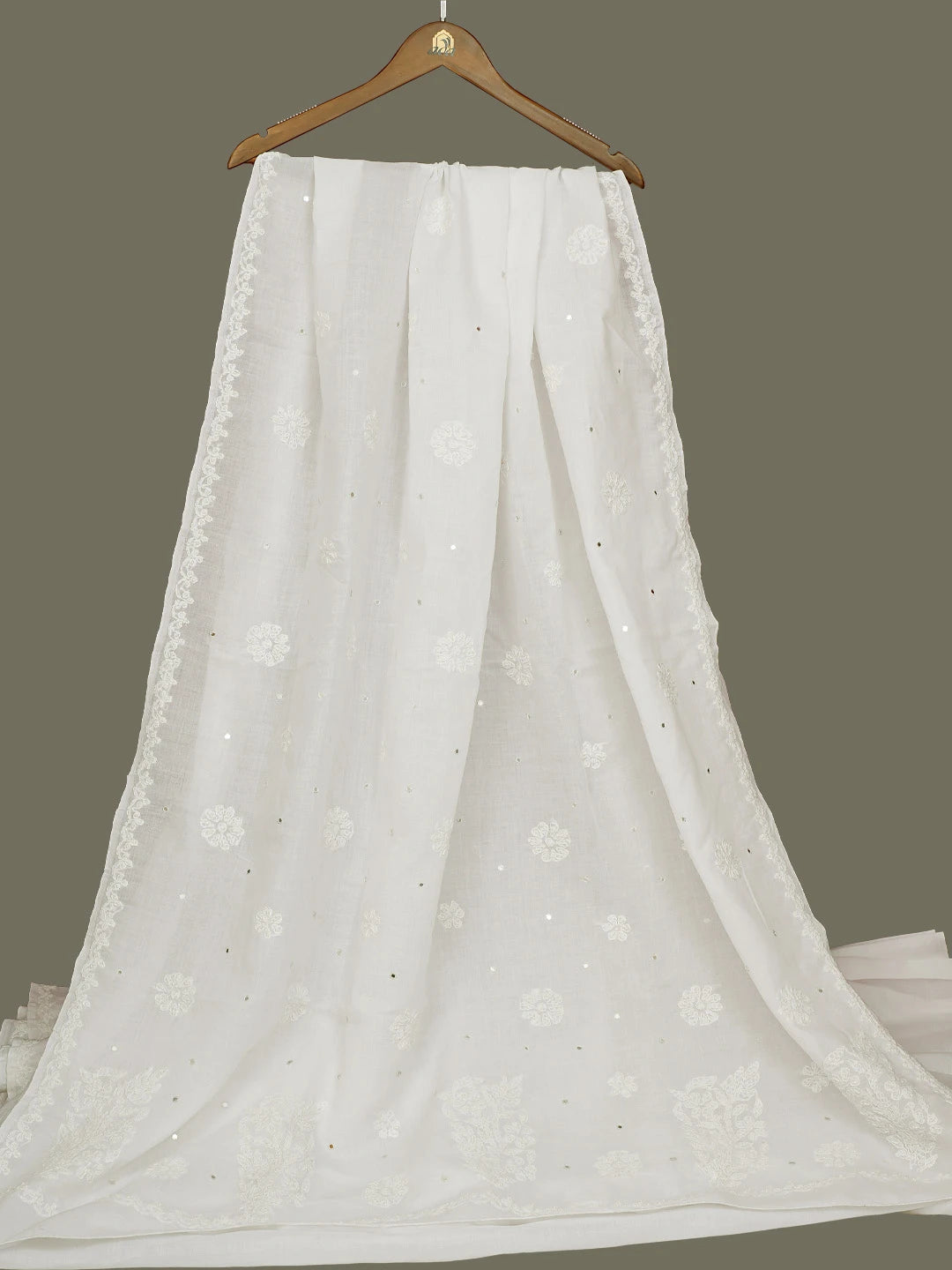 Ada Hand Embroidered White Cotton Lucknowi Chikankari Saree With Blouse With Mirror Work 01A541746