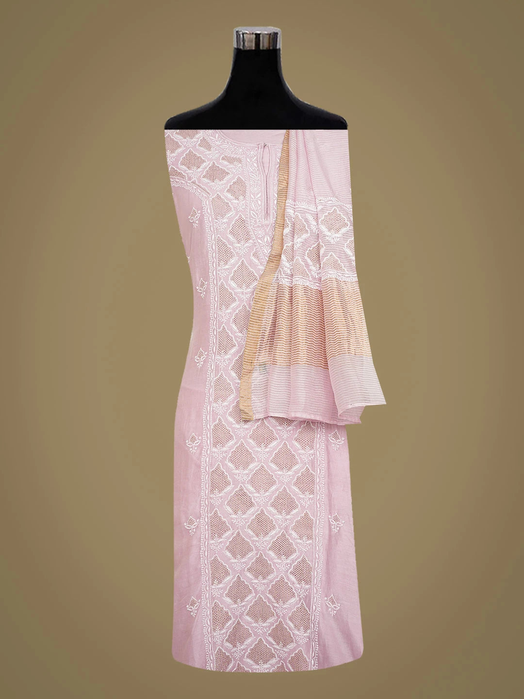 Ada Hand Embroidered Pink Chanderi Lucknowi Chikankari Semi-Stitched Kurta Dupatta Set With Zari Work 01A647466
