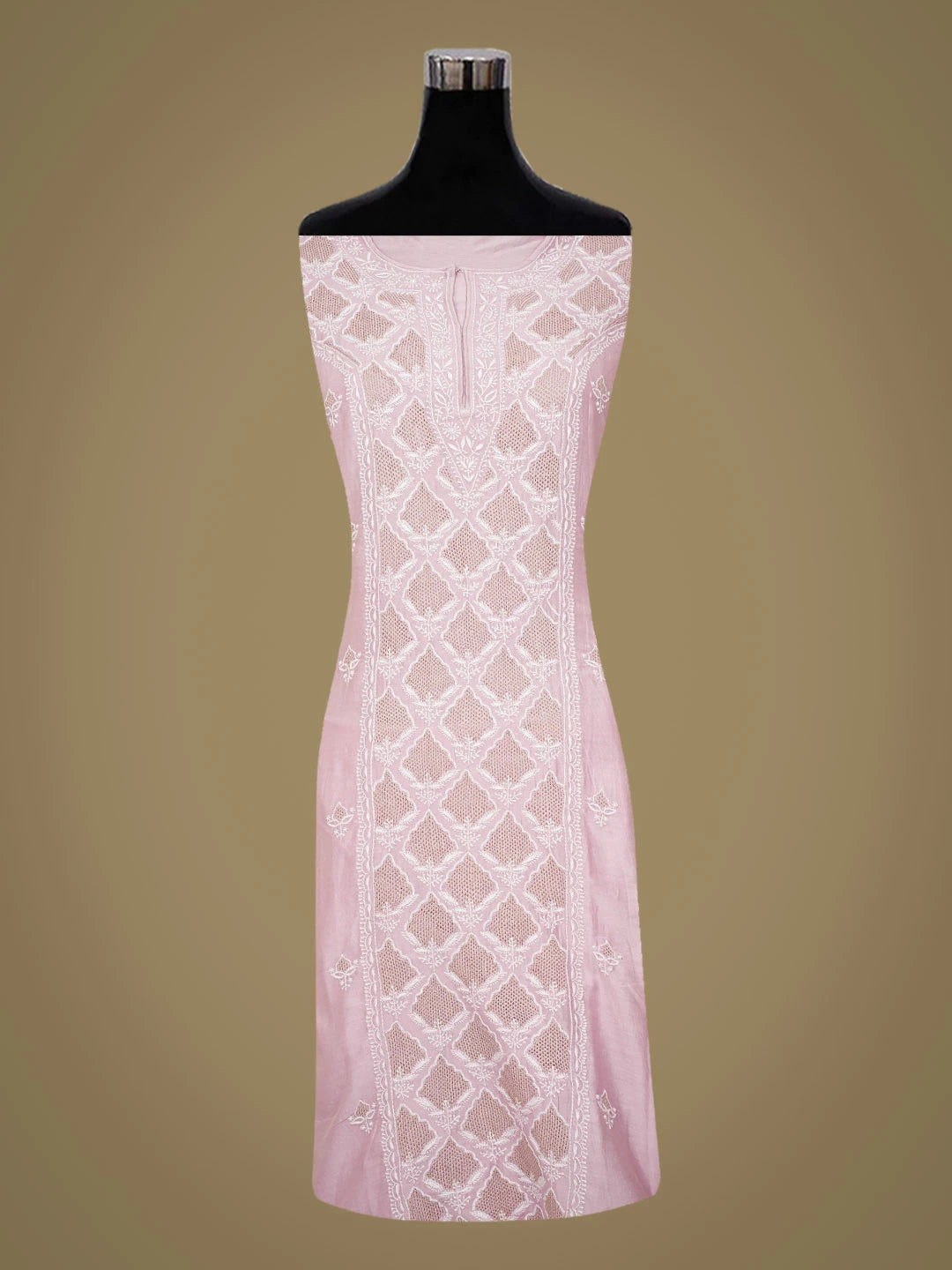 Ada Hand Embroidered Pink Chanderi Lucknowi Chikankari Semi-Stitched Kurta Dupatta Set With Zari Work 01A647466