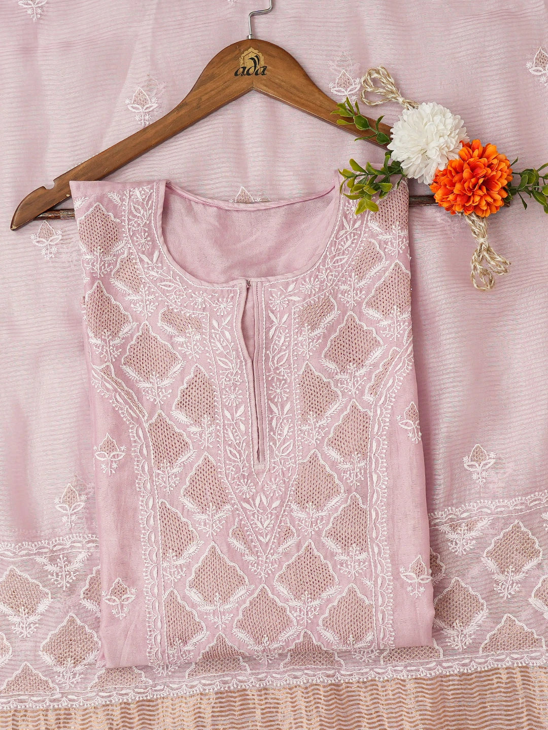 Ada Hand Embroidered Pink Chanderi Lucknowi Chikankari Semi-Stitched Kurta Dupatta Set With Zari Work 01A647466