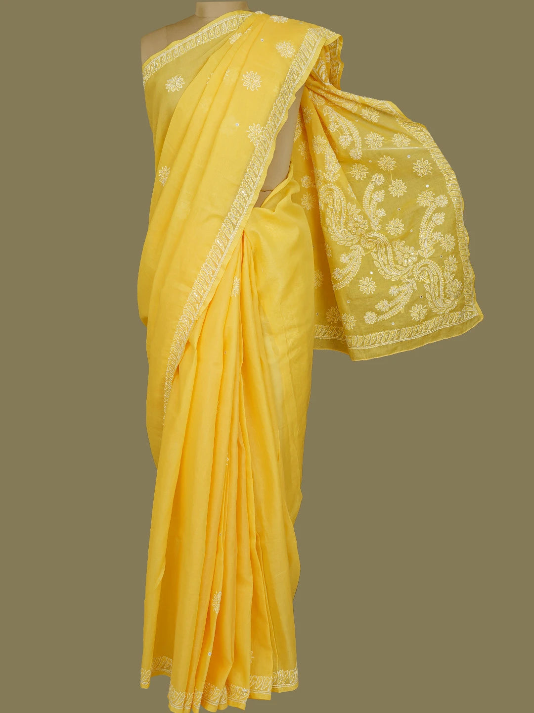 Ada Hand Embroidered Yellow Cotton Lucknowi Chikankari Saree With Blouse With Pearl Work 01A580323