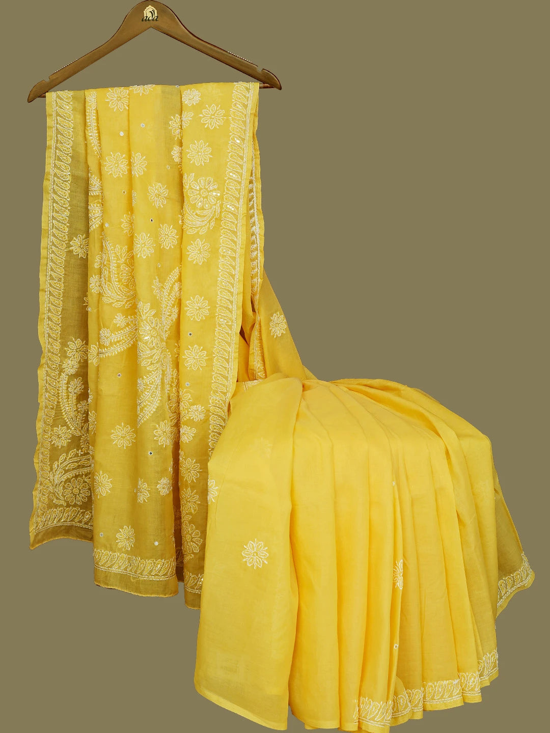 Ada Hand Embroidered Yellow Cotton Lucknowi Chikankari Saree With Blouse With Pearl Work 01A580323