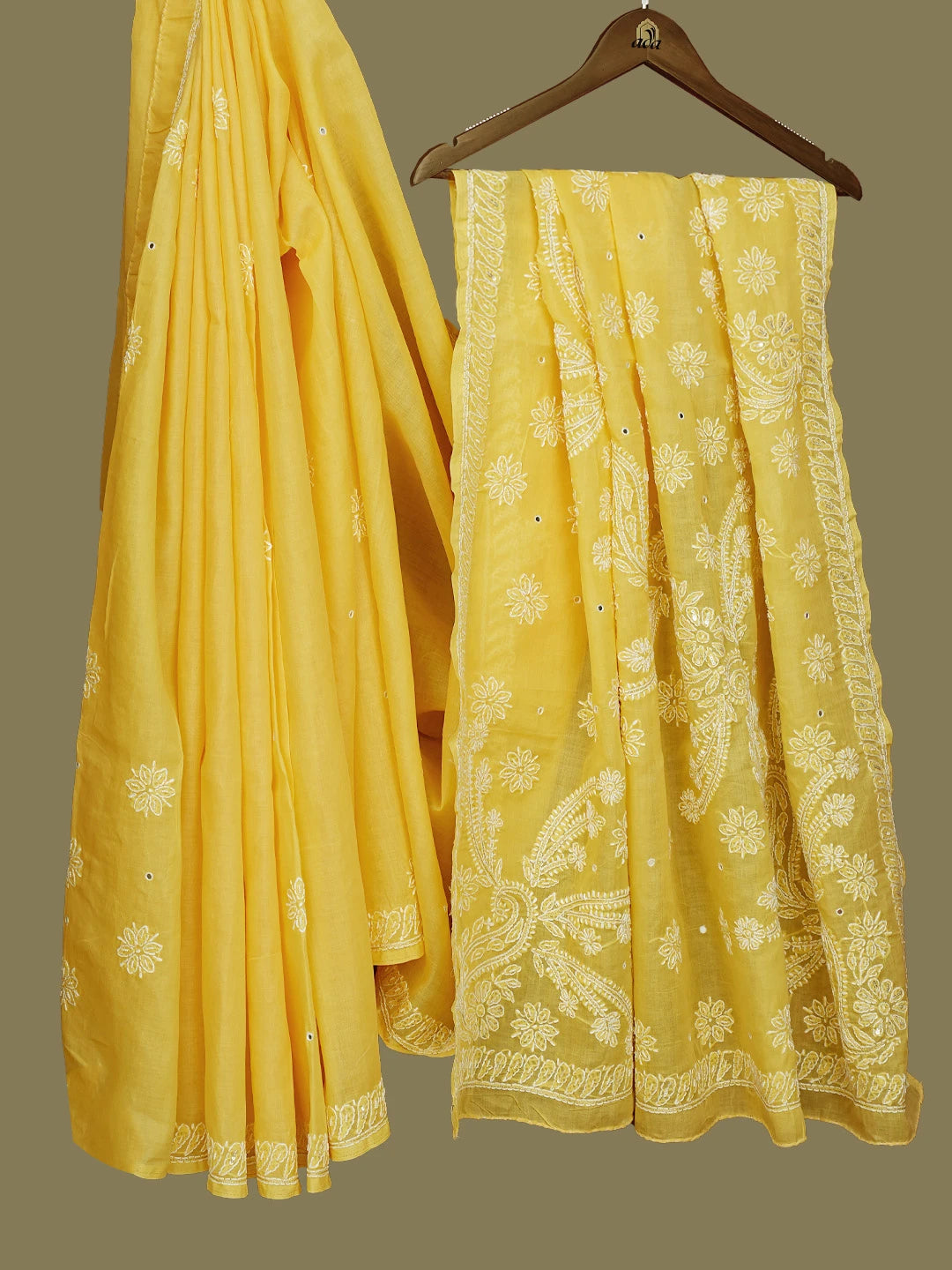 Ada Hand Embroidered Yellow Cotton Lucknowi Chikankari Saree With Blouse With Pearl Work 01A580323